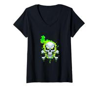 Femme Great Skull T-shirt tête de mort et os croisés avec flammes vertes T-Shirt avec Col en V
