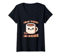 Femme Great Things are Brewing Coffee Kawaii Cute Funny Coffee T-Shirt avec Col en V