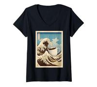 Femme Great Wave Coffee Kanagawa Ukiyo-e Art Japonais Caféine T-Shirt avec Col en V