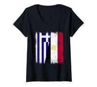 Femme Grèce Egypte Demi Drapeau Grec égyptien Patrimoine T-Shirt avec Col en V