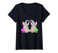 Femme Green Easter Gnomes for Women Cute Easter Eggs & Bunny Ears T-Shirt avec Col en V