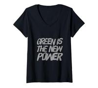Femme Green is The New Power Awareness - Éco-Warrior Statement T-Shirt avec Col en V
