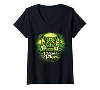 Femme Green Tiki Vibes Masque trèfle Tiki Tropical Hawaii Luck T-Shirt avec Col en V