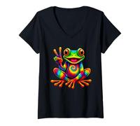 Femme Grenouille Arc-en-Ciel tie-Dye avec Signe de Paix propageant Un Sourire Hippie T-Shirt avec Col en V