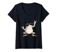Femme Grenouille avec Lunettes de Soleil Rock on Pose T-Shirt avec Col en V