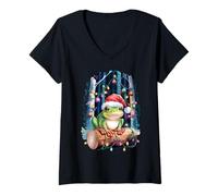 Femme Grenouille De Noël avec Chapeau De Père Noël, Mignonne T-Shirt avec Col en V