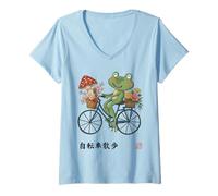 Femme Grenouille Japonaise à vélo Cottagecore Floral Garden T-Shirt avec Col en V