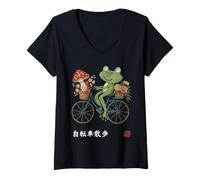 Femme Grenouille Japonaise à vélo pour Jardin Floral Cottagecore T-Shirt avec Col en V
