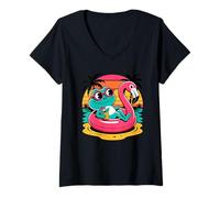 Femme Grenouille Plage Été Vacances Bouée Flamant Rose T-Shirt avec Col en V