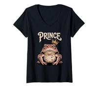 Femme Grenouille Prince Crapaud Graphique avec Couronne rétro Conte de fées T-Shirt avec Col en V