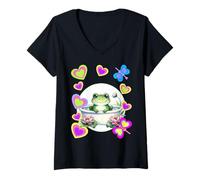 Femme Grenouille rétro des années 80 pour enfants, filles, garçons, amoureux de la nature T-Shirt avec Col en V