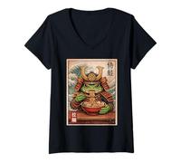 Femme Grenouille samouraï Mangeant Ramen Warrior Great Wave Art Vintage T-Shirt avec Col en V