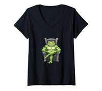 Femme Grenouille Verte Assise sur Un trône T-Shirt avec Col en V