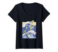 Femme Grenouilles drôles Grande Vague Art Japonais Surf Japon T-Shirt avec Col en V