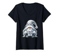 Femme Grey GNOME Graphic in Monochrome Outfit Women Cute Christmas T-Shirt avec Col en V
