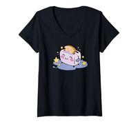 Femme Grille-Pain Mignon avec Toast Kawaii Breakfast Art T-Shirt avec Col en V