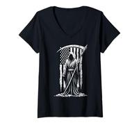 Femme Grim Reaper Angel of Death Drapeau américain Patriotique Grunge T-Shirt avec Col en V