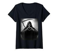 Femme Grim Reaper Horror Poster Halloween T-Shirt avec Col en V