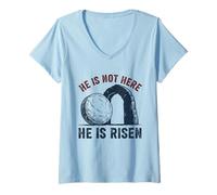 Femme Grimpeur Amusant « He is Not Here He is Risen » T-Shirt avec Col en V