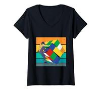 Femme Grimpeur Cube coloré Puzzle Escalade Aventure problèmes Art T-Shirt avec Col en V