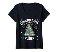 Femme Grimpeur de sapin de Noël amusant avec chat T-Shirt avec Col en V