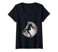 Femme Grimpeur Mural Vertical avec Pleine Lune - Aventure T-Shirt avec Col en V