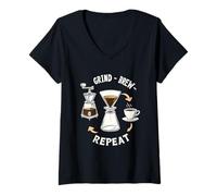 Femme Grind Brew Repeat Rituel Barista Café Maison T-Shirt avec Col en V