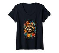 Femme Grinsend Raton laveur Splash Art Musique Festival Dripping Racoon T-Shirt avec Col en V