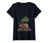 Femme Grizzly sous les palmiers California Long Beach Vintage T-Shirt avec Col en V