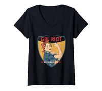 Femme GRL RIOT Empowerment Pop Art rétro T-Shirt avec Col en V