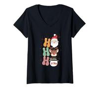 Femme Groovy Christmas Père Noël Renne Bonhomme de Neige Ho Vintage années 60 T-Shirt avec Col en V