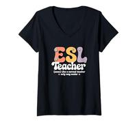 Femme Groovy ESL Teacher Anglais Langue Seconde Rentrée Scolaire T-Shirt avec Col en V