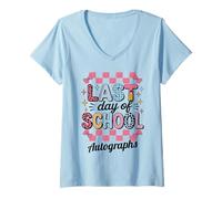 Femme Groovy Last Day School Autographes Écrivez ma Remise de diplôme DIY T-Shirt avec Col en V