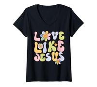 Femme Groovy Love Like Jesus Religious God Christian Graphic T-Shirt avec Col en V