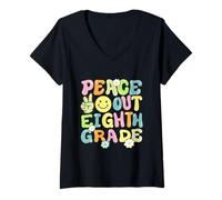 Femme Groovy Peace Out Huitième année Enfants 8e année Dernier jour d'école T-Shirt avec Col en V