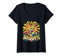 Femme Groovy Peace Sign Tie Dye T-Shirt rétro années 60 70 Hippie T-Shirt avec Col en V