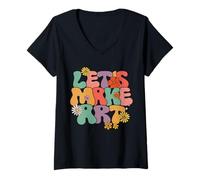 Femme Groovy Retro Let's Make Art, Costume de rentrée Scolaire T-Shirt avec Col en V