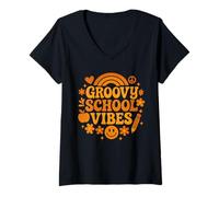Femme Groovy School Vibes, élève enseignante du premier jour de la rentrée T-Shirt avec Col en V