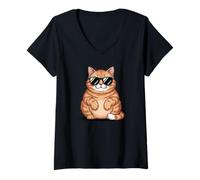 Femme Gros Chat Orange Portant des Lunettes de Soleil Amoureux des Chats T-Shirt avec Col en V