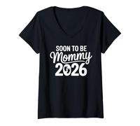 Femme Grossesse révélant bientôt Maman 2026 bébé T-Shirt avec Col en V