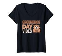 Femme Groundhog Day Vibes Mignon Dessin animé marmotte T-Shirt avec Col en V