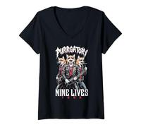Femme Groupe de Heavy Metal Cat Punk Purrgatory Nine Lives Music Cats T-Shirt avec Col en V