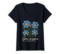 Femme Grow In Grace Boho Floral 2 Pierre 3:18 Verset Christian T-Shirt avec Col en V
