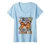 Femme Grow Positive Thoughts Collage Papillon monarque T-Shirt avec Col en V
