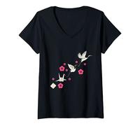 Femme Grue Cendrée Fleurs Origami Amoureux Oiseaux Nature Mignon T-Shirt avec Col en V
