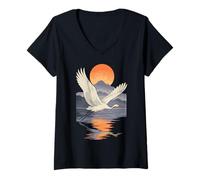 Femme Grue Coucher De Soleil Vol Japon Nature Calme Zen Art T-Shirt avec Col en V