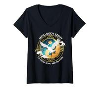 Femme Grue de méditation Tai Chi Qi Gong Oiseau Esprit Corps Esprit T-Shirt avec Col en V