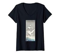 Femme Grue japonaise Aigrette Ouiseaux Vintage Art Ornithologie T-Shirt avec Col en V