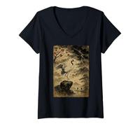 Femme Grue Japonaise Vintage tempête Cerisier en Fleurs d'arbre en Bois T-Shirt avec Col en V