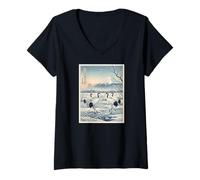 Femme Grues dans Un Marais Enneigé Mont Fuji et Soleil Levant Ukiyo-e T-Shirt avec Col en V